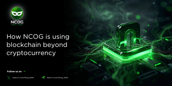 Dark background with green lock and written on image - How NCOG is using blockchain beyond cryptocurrency